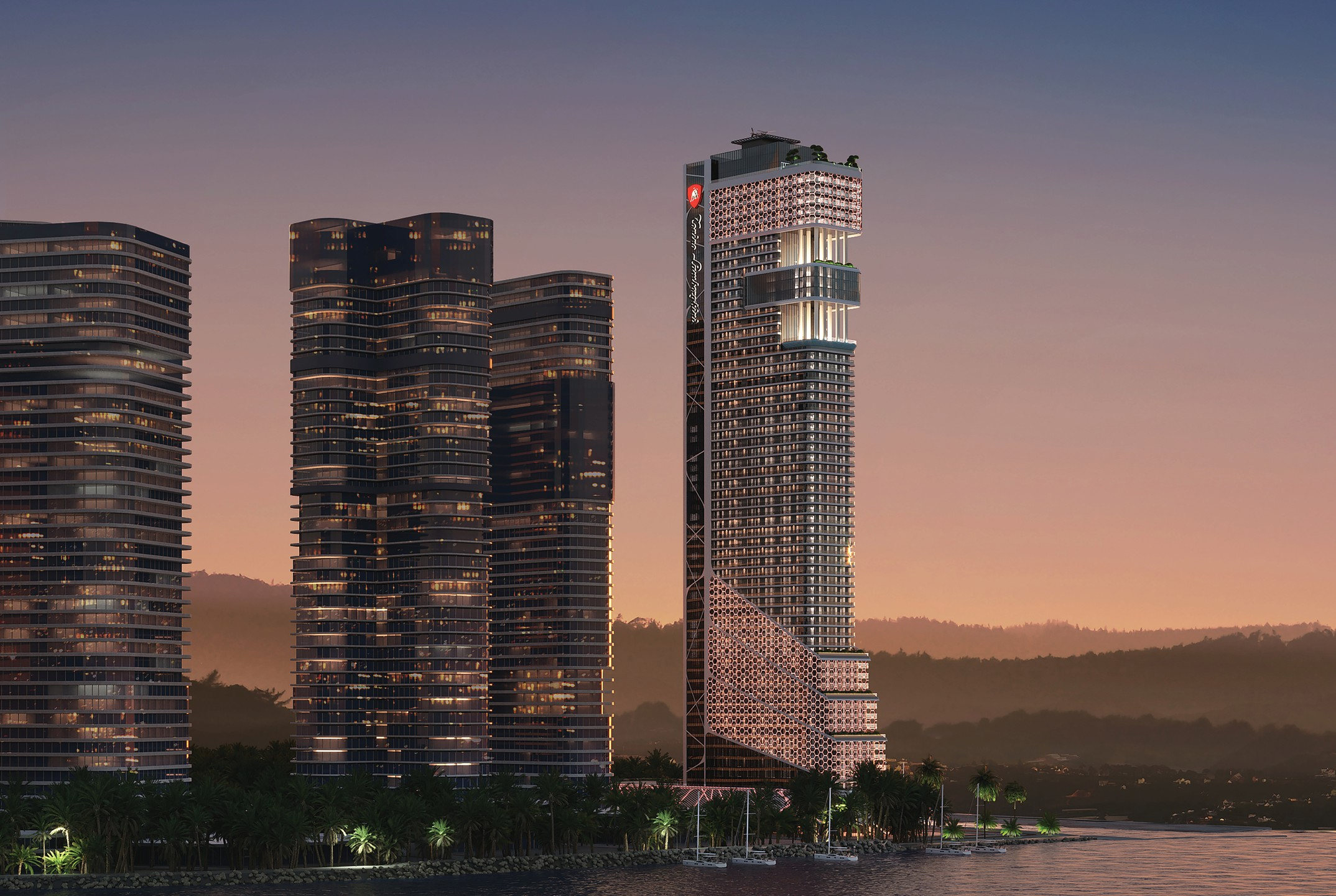 Tonino Lamborghini Tower Batumi exterior at sunset